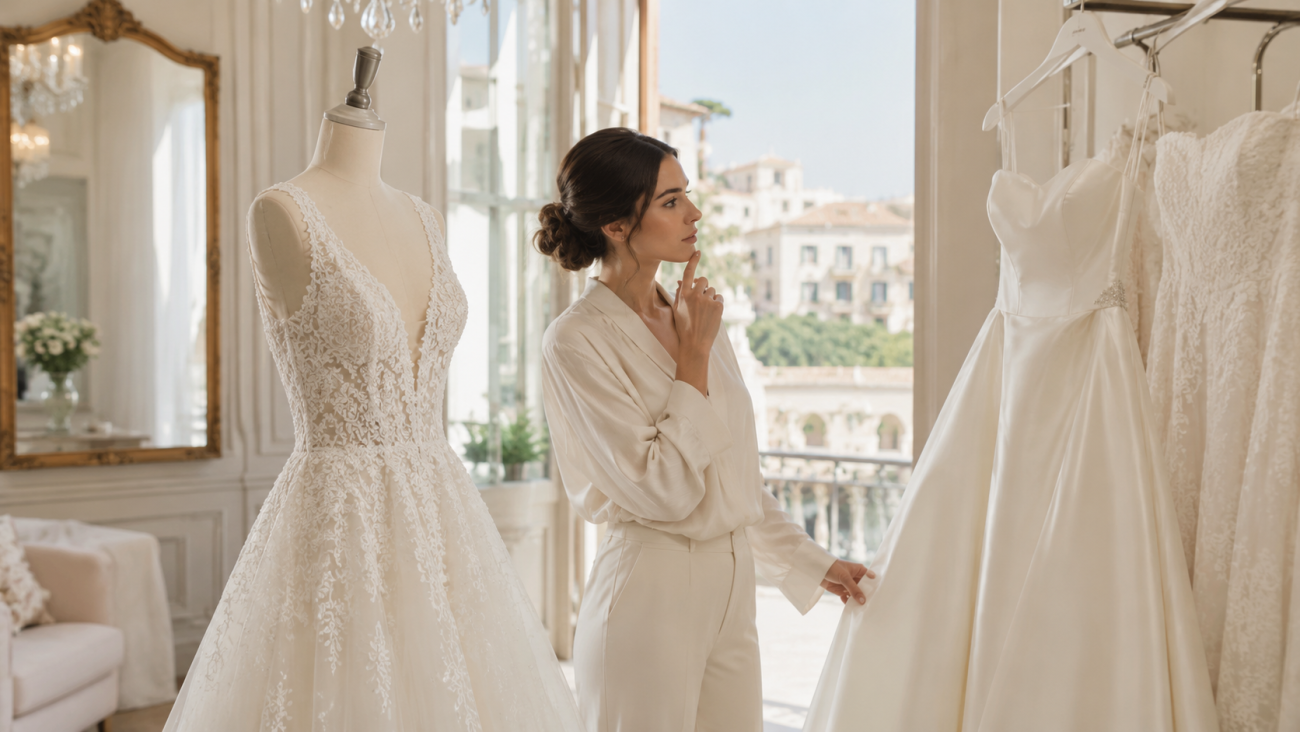 Sposa che confronta diversi abiti da sposa in atelier