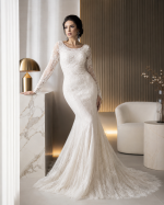 abito da sposa a sirena maniche lunghe pizzo
