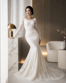 abito da sposa a sirena maniche lunghe pizzo