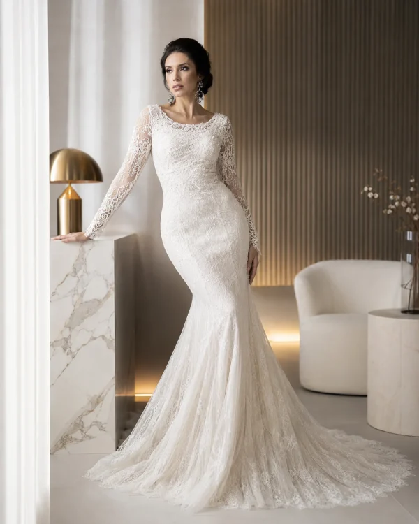 abito da sposa a sirena maniche lunghe pizzo