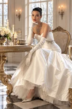 Sposa con guanti lunghi in raso color avorio sopra il gomito, abbinati a un abito nuziale senza spalline