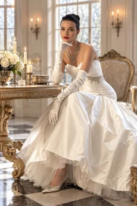 Sposa con guanti lunghi in raso color avorio sopra il gomito, abbinati a un abito nuziale senza spalline