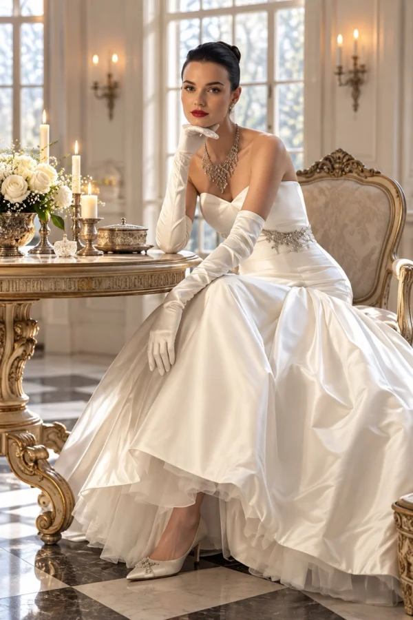 Sposa con guanti lunghi in raso color avorio sopra il gomito, abbinati a un abito nuziale senza spalline