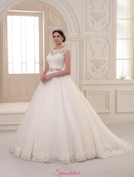 Felicia- vendita abiti da sposa economici online Italia modello principessa di lusso con corpetto ricamato in pizzo scollo a cuore giromanica abiti su misura sartoria italiana