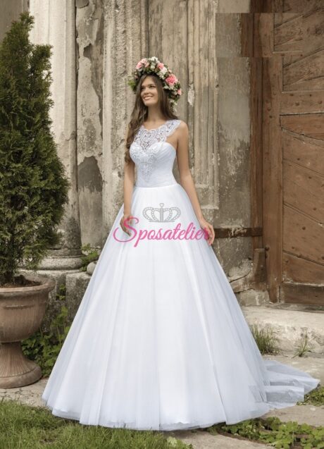 sposa online economici Italia vendita modello a-line giro maniche ricamato in pizzo tulle organza sito italiano online sartoria italiana abiti da sposa su misura sposa collezione 2016 primavera estate nuove tendenze