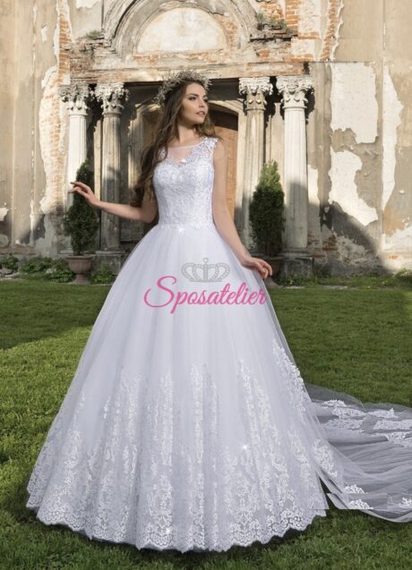 Milano-abiti da Sposa Economici online semplici con gonna liscia e corpetto ricamato sito italiano online sartoria italiana abiti da sposa su misura sposa collezione 2016 primavera estate nuove tendenze scollo a cuore con giro maniche in pizzo