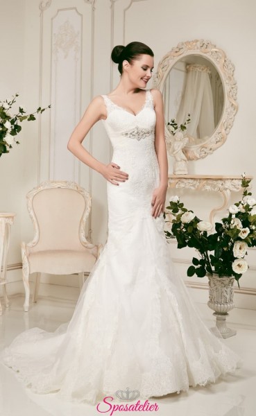 Abito da Sposa economico sirena in pizzo con cintura di strass