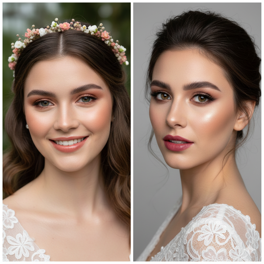 Primo piano sposa con trucco naturale e luminoso, pelle effetto glass skin e labbra rosate, collezione sposa Sposatelier 2026