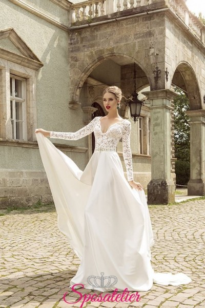 prenua-Abito da Sposa online economico in chiffon con maniche lunghe