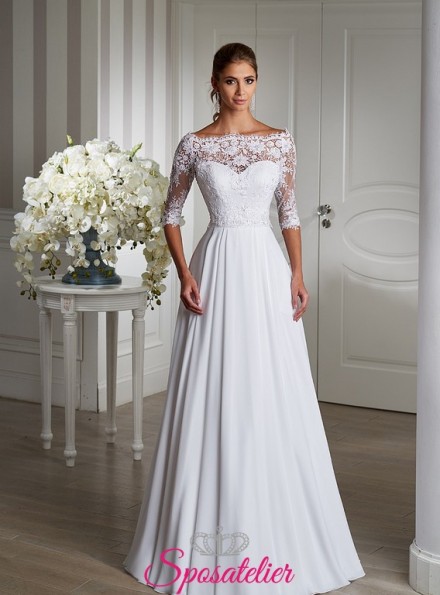 abito da sposa semplice lineare con ricami maniche 3/4