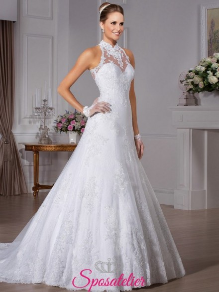 middies- abiti da sposa con scollatura a lupetto ricamato in pizzo