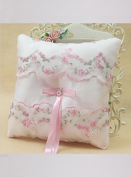 Cuscino Portafedi sposa con ricamo floreale rosa e verde