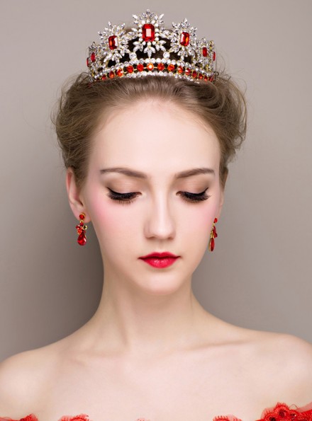 Tiara e Orecchini per Sposa colore rosso