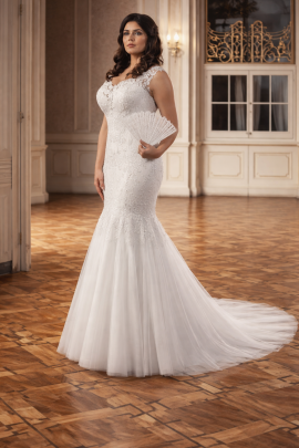 Abito da sposa curvy a sirena con corpino ricamato vista frontale