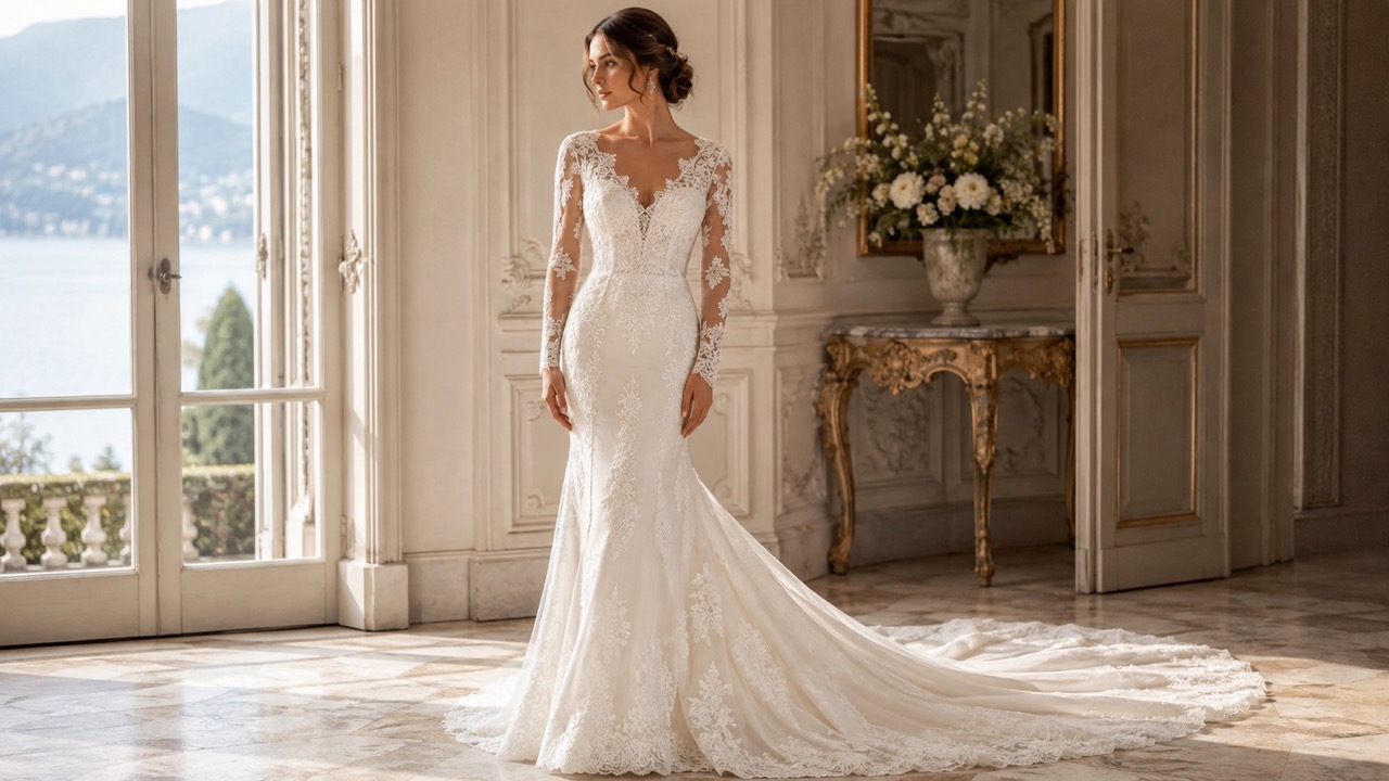 Abito da sposa a maniche lunghe in pizzo con silhouette a sirena