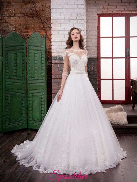 Maddalena – abiti da sposa con maniche 3/4 ricamate in pizzo economici online