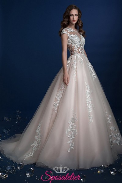 vestito da sposa colorato rosa con ricami di pizzo economici online