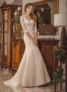abiti da sposa champagne con maniche di pizzo economici online