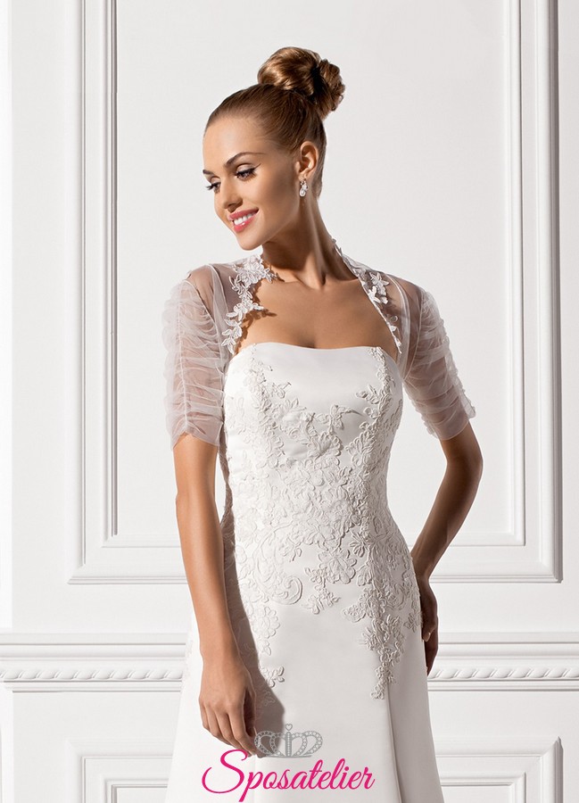 coprispalle sposa in organza con ricami in pizzo maniche 3/4