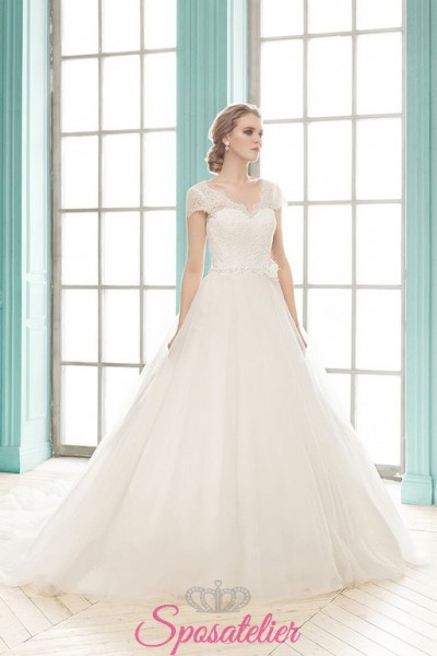 JERMANA-  Abito da Sposa A-line con maniche corte di Pizzo e gonna in Tulle
