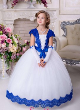 Abito per damigella bambina colorato  con ricami di pizzo blu