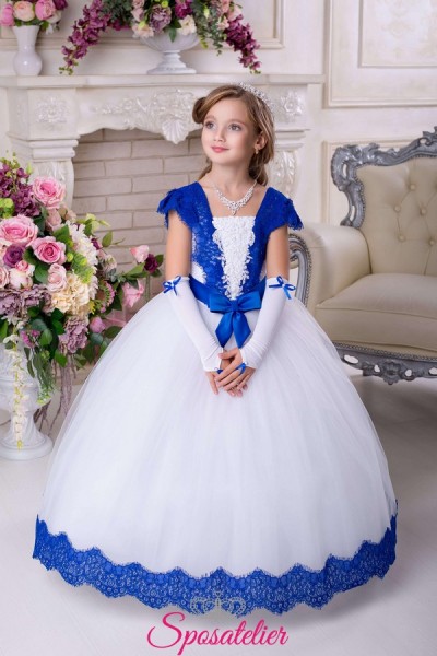 Abito per damigella bambina colorato  con ricami di pizzo blu