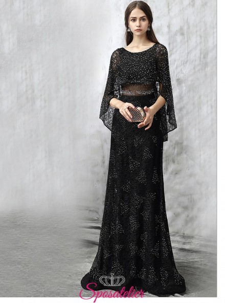 abiti da damigella lunghi nero elegante decorato con strass