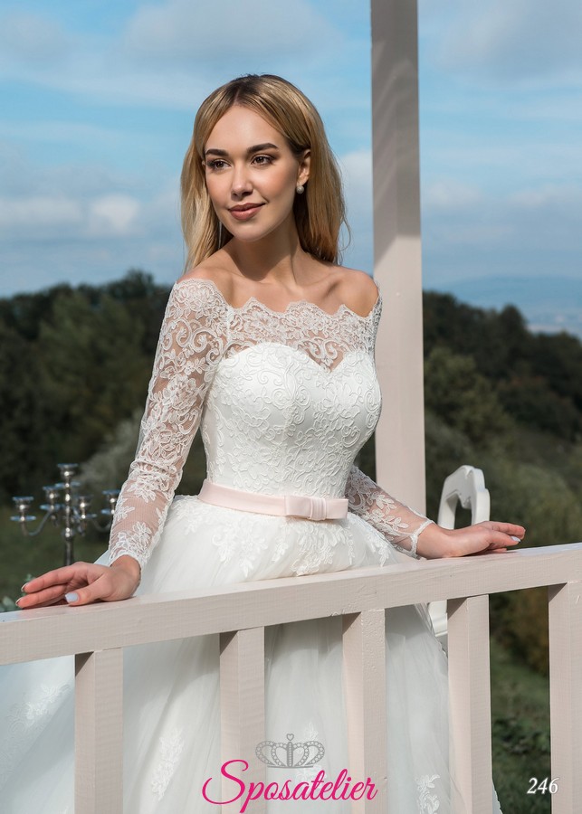 Abito da sposa taglie forti Rosa cipria con applicazioni in pizzo a maniche  lunghe Abiti da sposa perle Scollo a barchetta di grandi dimensioni Sweep