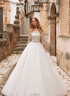 abiti da sposa 2019 con  scollo dritto maniche lunghe di pizzo vendita online