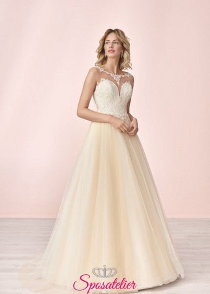 vestito da sposa ecoomico online con gonna colorata e ricami in pizzo