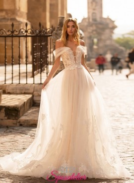 abiti da sposa online particolare con maniche di tulle e gonna in pizzo