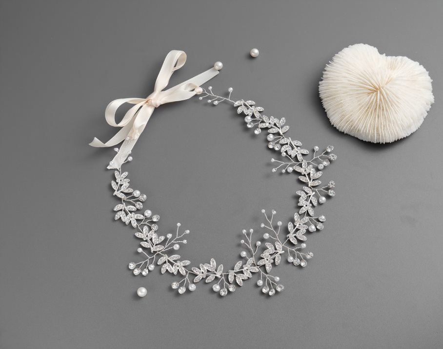 Cerchietto Per Capelli Da Sposa In Cristallo – Motivo Foglie E Fard, Accessorio Matrimonio Vintage, Argento