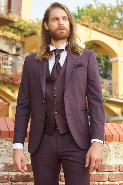 Abito da sposo e cerimonia bordeaux completo giacca cravatta gilet