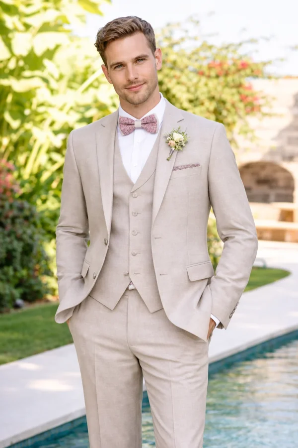 abito da sposo beige sabbia tre pezzi con papillon rosa elegante cerimonia uomo