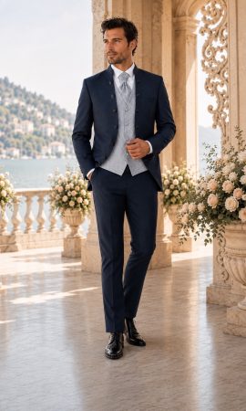 Abito da sposo blu navy con gilet grigio argento e plastron coordinato - Sposatelier