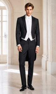 Frac da sposo nero uomo Slim Fit con gilet bianco - vista frontale