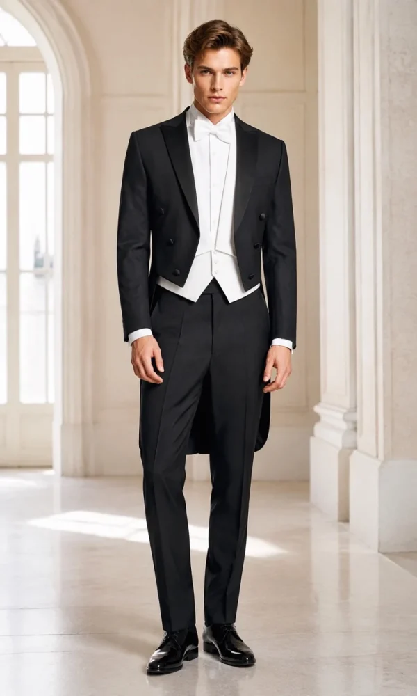Frac da sposo nero uomo Slim Fit con gilet bianco - vista frontale