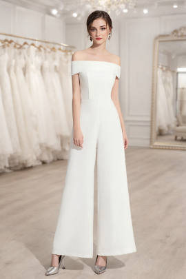 Tuta da sposa bianca elegante con scollo a barca e pantaloni larghi palazzo jumpsuit matrimonio civile