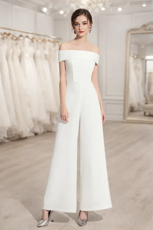 Tuta da sposa bianca elegante con scollo a barca e pantaloni larghi palazzo jumpsuit matrimonio civile