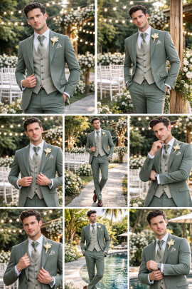 diverse angolazioni dell'abito sposo verde salvia