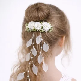 Fermaglio comunione Bambina Rose Bianche e Foglie Pendenti