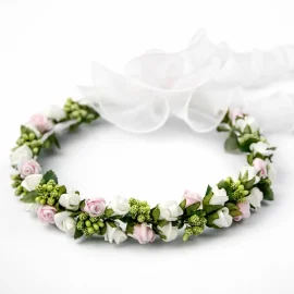 Coroncina Fiori Bambina Cerimonia - Rose con Fiocco in Organza