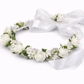 Coroncina Fiori Bianchi e Foglie Verdi Bambina Comunione