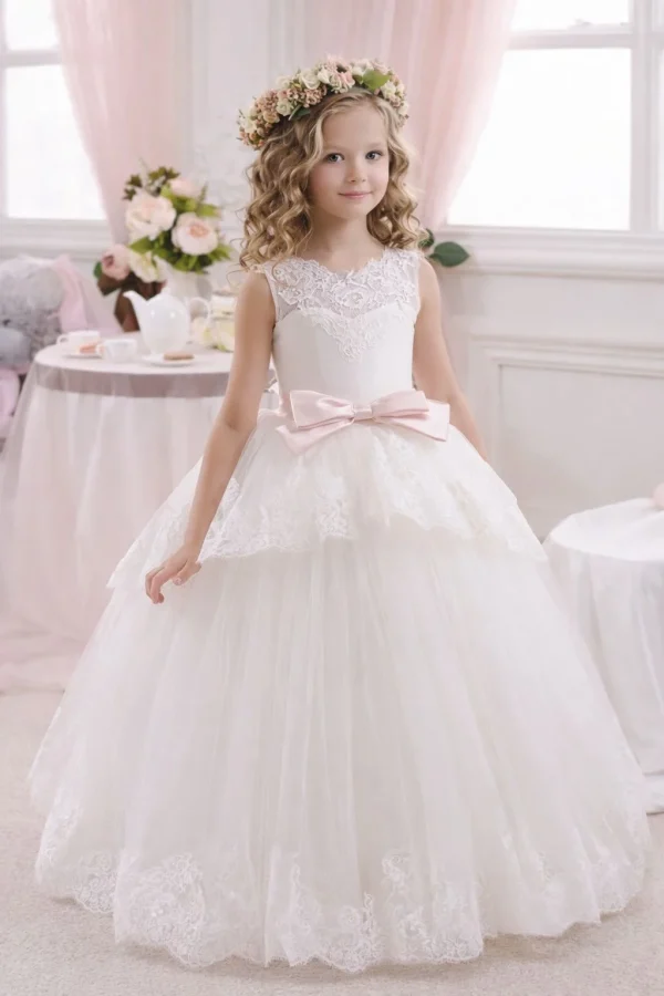 Bambina bionda con coroncina di fiori indossa abito da comunione bianco stile principessa con fiocco rosa e pizzo, Collezione Sposatelier 2026.