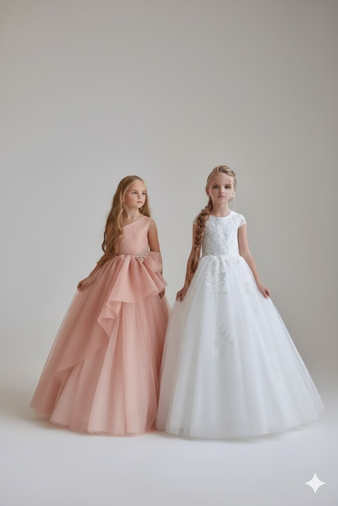Confronto abiti cerimonia bambina 2026: abito monospalla rosa cipria e vestito prima comunione bianco in pizzo