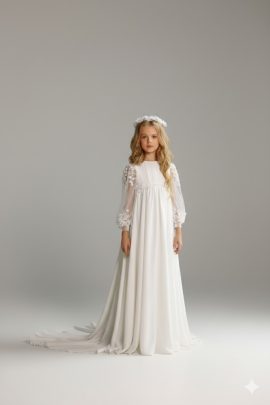 Abito da cerimonia bambina Sposatelier in pizzo 3D bianco con maniche lunghe e lungo strascico in tulle.
