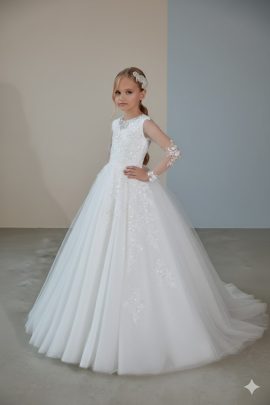 Vestito damigella bambina Sposatelier bianco con ricami fiori 3D e gonna ampia glitter.