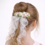 Fermaglio per Capelli Cerimonia Bambina - Fiori Rosa e Bianchi con Fiocco in Organza