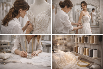 Processo sartoriale abito da sposa: misurazione, taglio, cucito e lavorazione dettagli