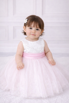 Abito battesimo neonata bianco con corpetto ricamato, fascia rosa e gonna in tulle, vista frontale